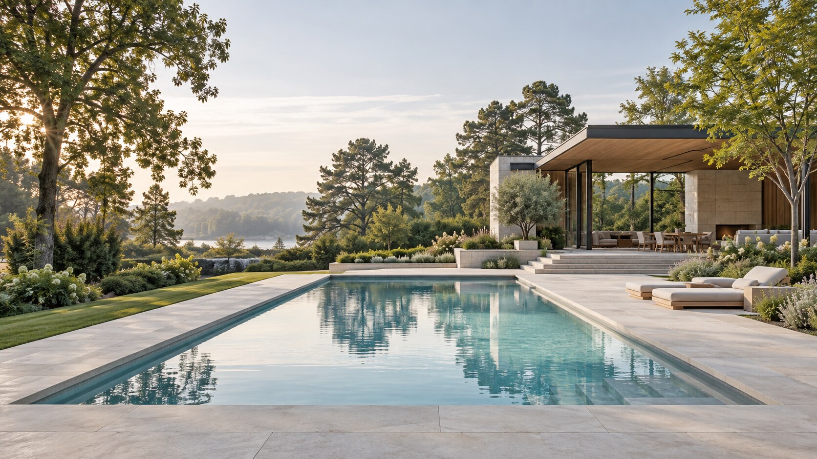 Conceptual lakeside pool and stone terrace framed by mature trees